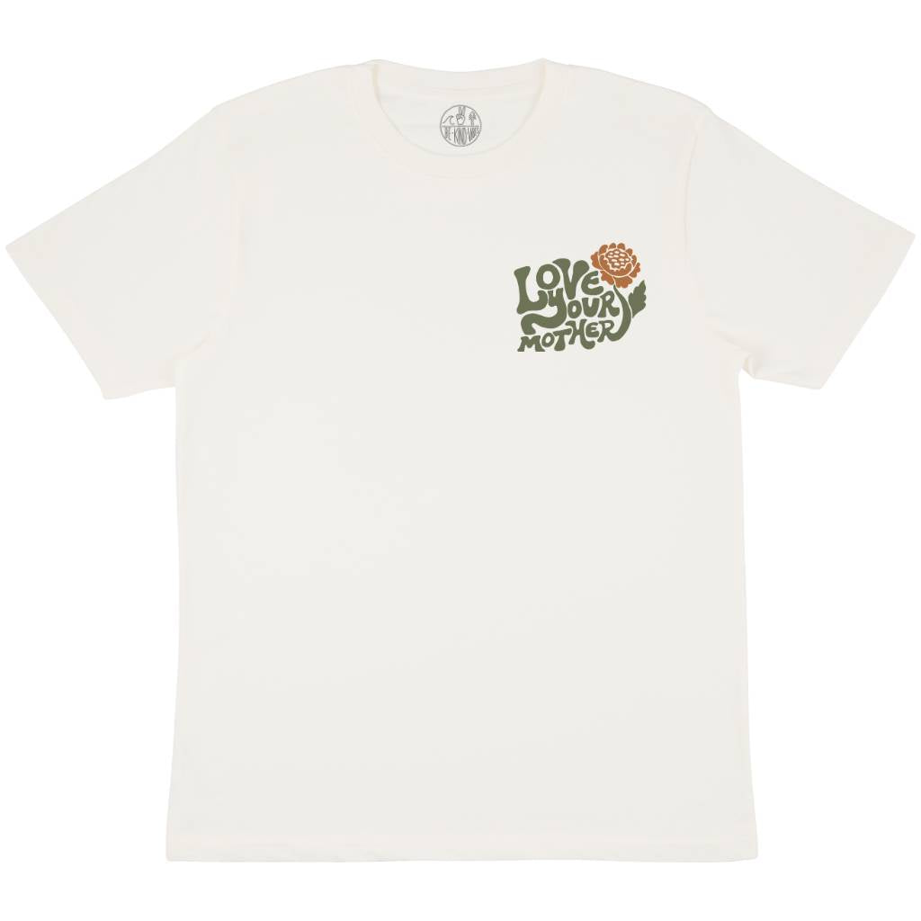 Hero image featuring the front of the Be Kind Vibes Love Your Mother t-shirt in natural.