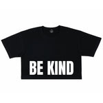 Hero image featuring the Be Kind Vibes Be Kind crop top in black with the words Be Kind printed on the front just above the bottom seam in white