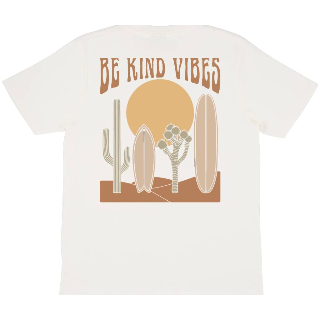 
                  
                    Image features the back of the Be Kind Vibes Desert Waves t-shirt in natural.
                  
                