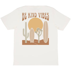 Image features the back of the Be Kind Vibes Desert Waves t-shirt in natural.