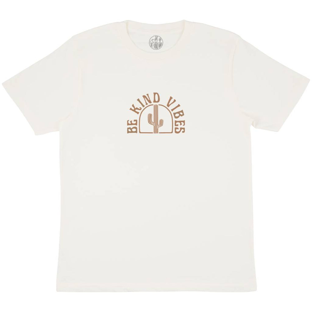 Image features a mock-up of the Be Kind Vibes Desert Waves t-shirt in natural