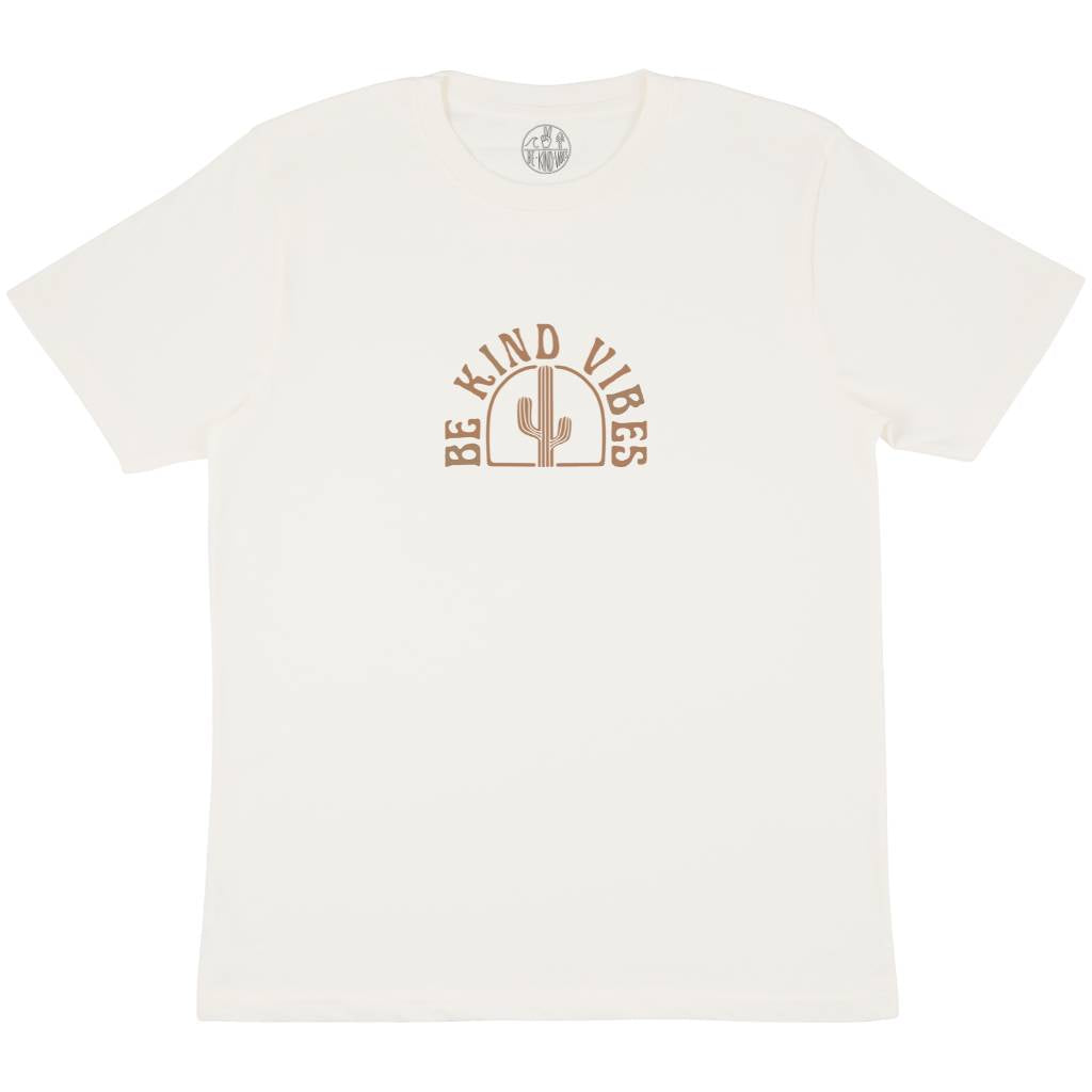 Image features a mock-up of the Be Kind Vibes Desert Waves t-shirt in natural