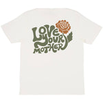 Image features the back of the Be Kind Vibes Love Your Mother t-shirt in natural