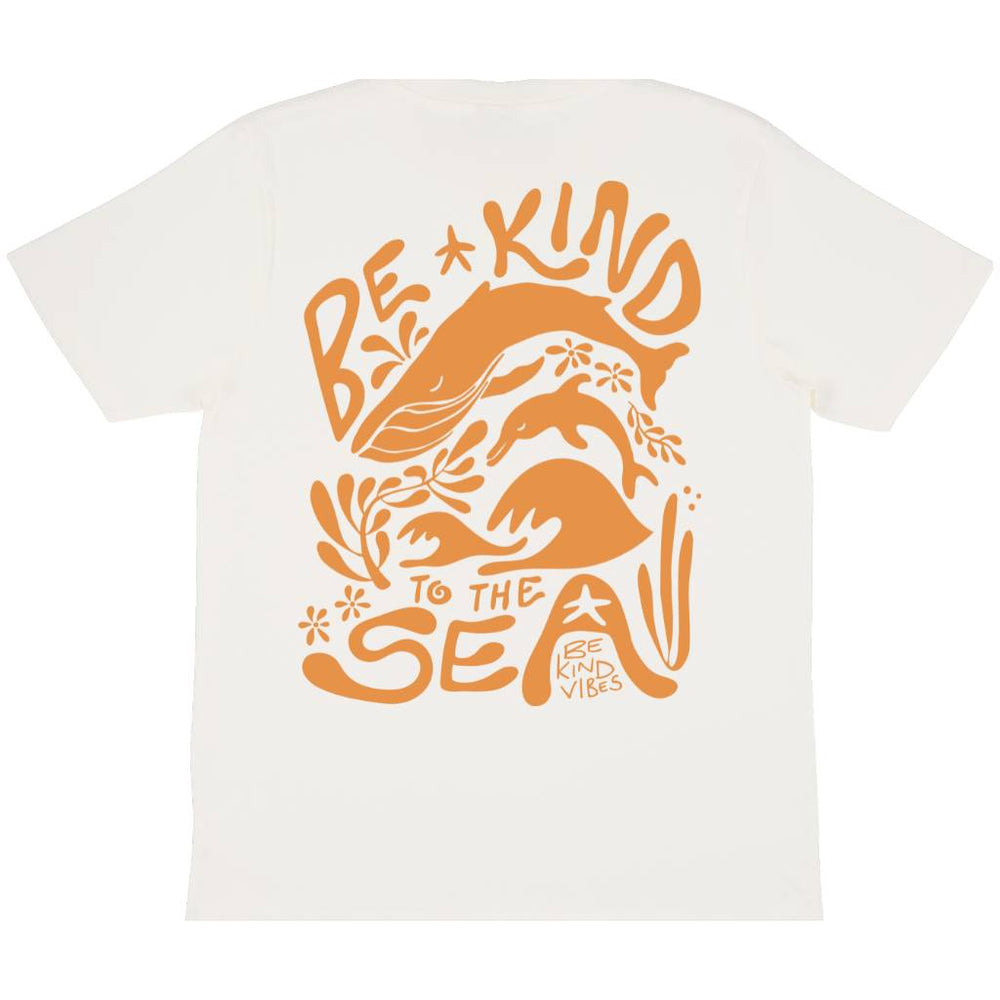 Product image featuring the front of the Be Kind Vibes 100% organic cotton To the Sea t-shirt in natural with a clay colored design that features retro font and ocean symbols.