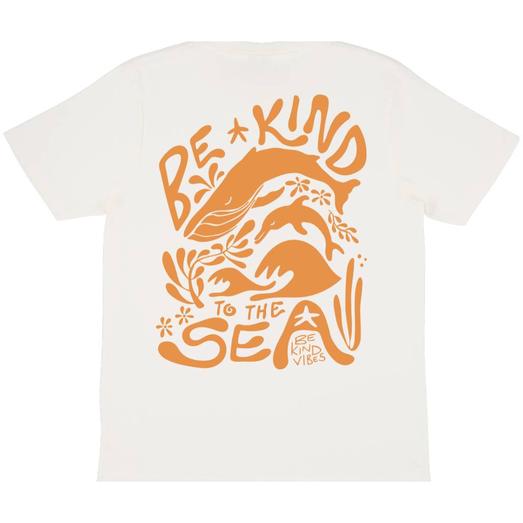 
                  
                    Product image featuring the front of the Be Kind Vibes 100% organic cotton To the Sea t-shirt in natural with a clay colored design that features retro font and ocean symbols.
                  
                