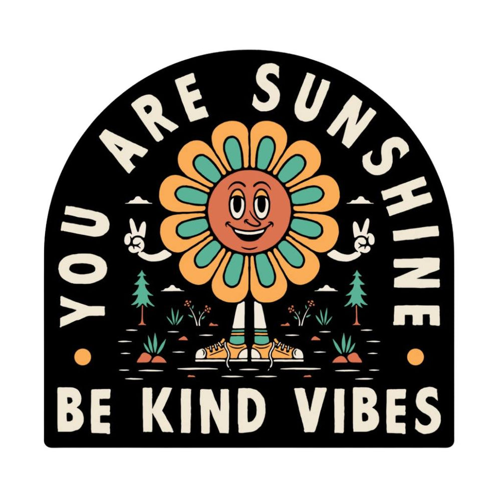 Hero image features the Be Kind Vibes You Are Sunshine sticker featuring a smiling sunflower giving the peace signs.