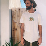 Front facing image featuring a male model wearing the Be Kind Vibes hemp and organic cotton Be Kind & Shine tee