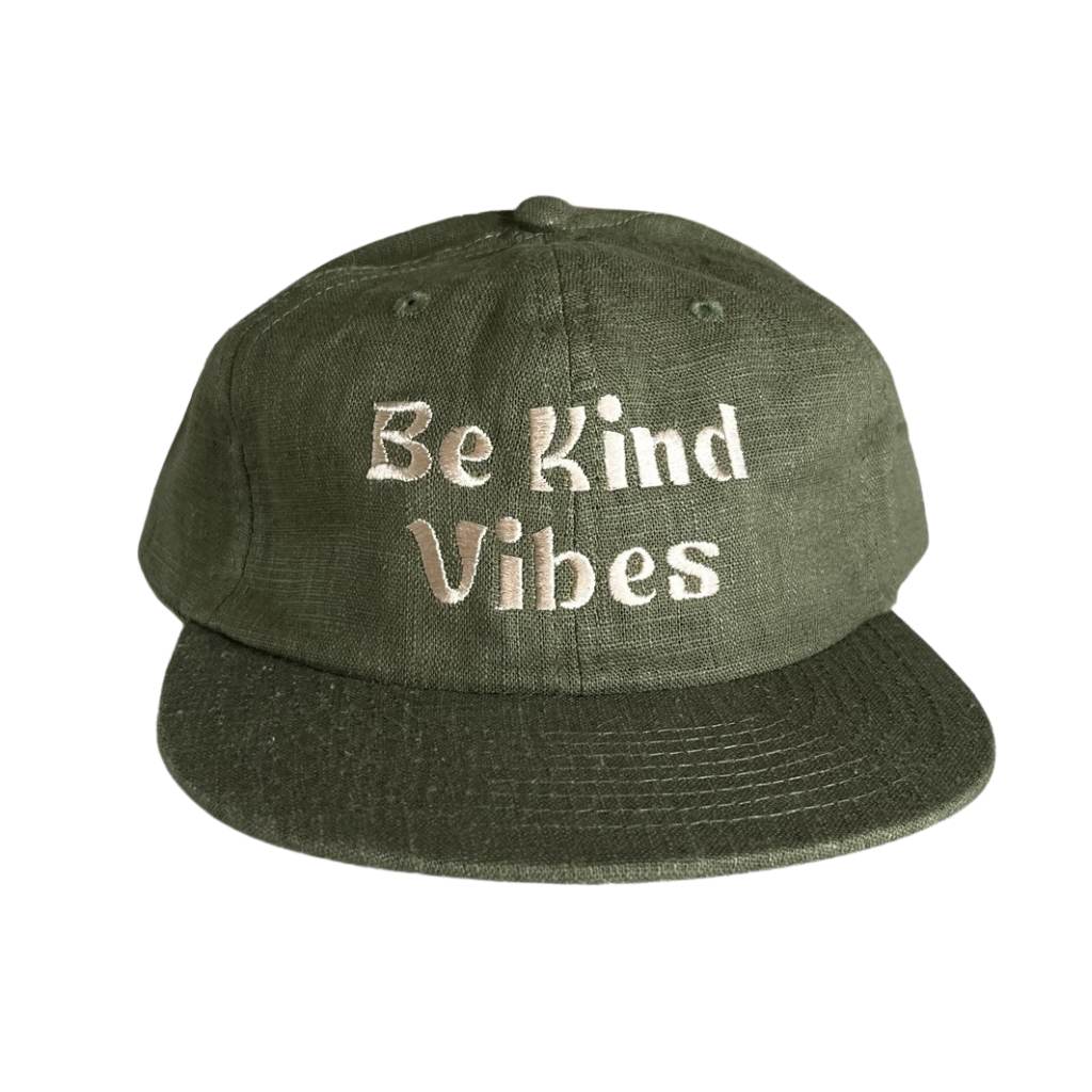 Hero image featuring the front of the Be Kind Vibes Be Kind Hemp Hat in cactus green with the text Be Kind Vibes embroidered on the front.