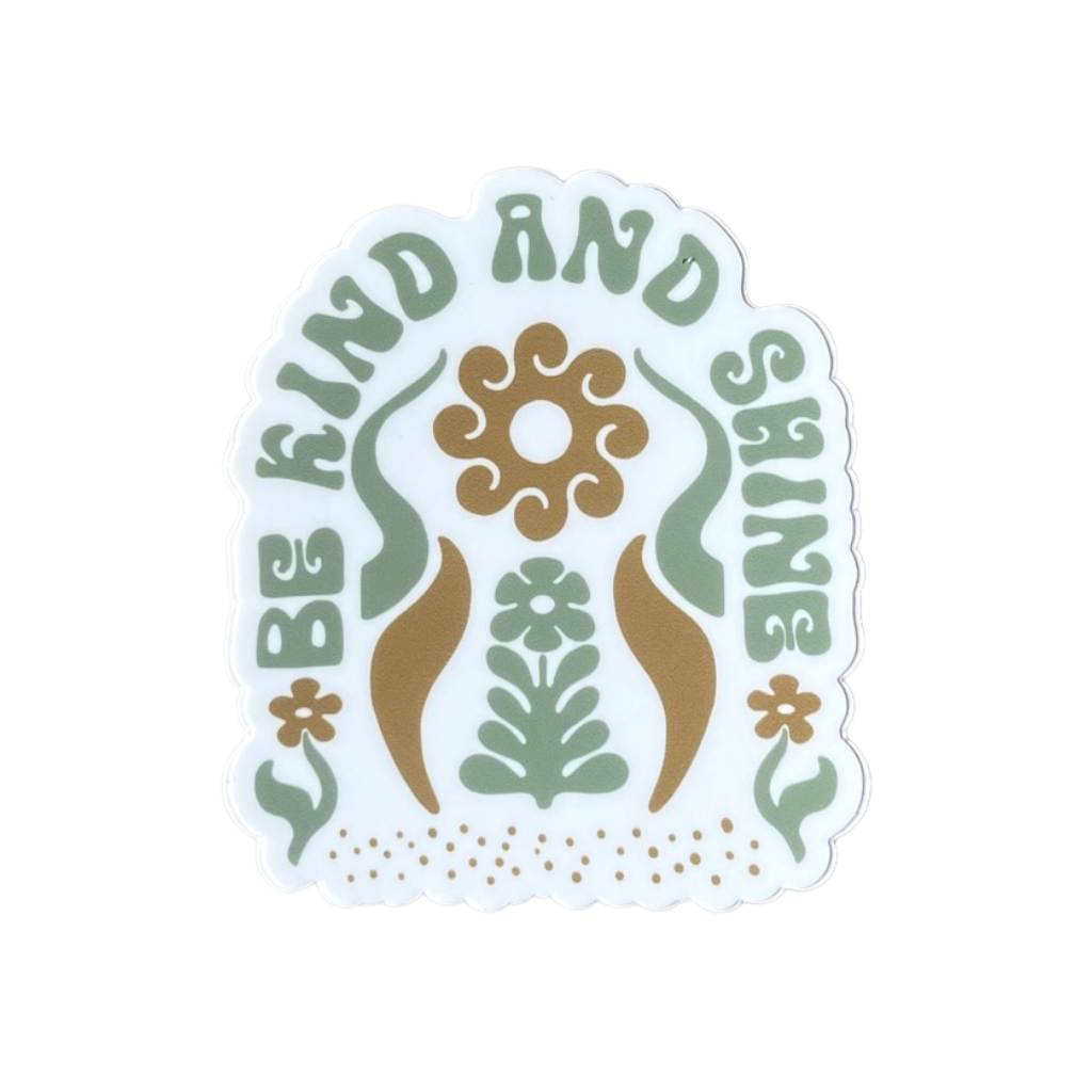 Hero image featuring the Be Kind Vibes Be Kind& Shine sticker in teal and copper brown.