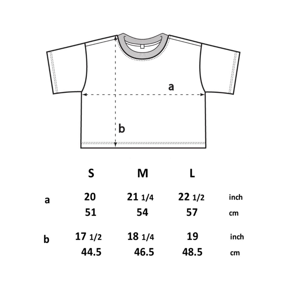 Image features the Be Kind Vibes crop top sizing guide with size dimensions