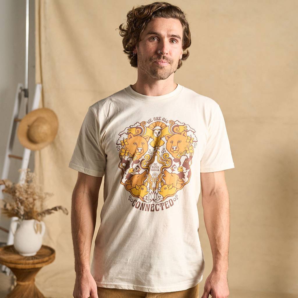 
                  
                    Hero image features a male model wearing the Be Kind Vibes We Are All Connected t-shirt with an animal design on the front featuring bears, cows, chickens, wolves, pigs, and an owl.
                  
                