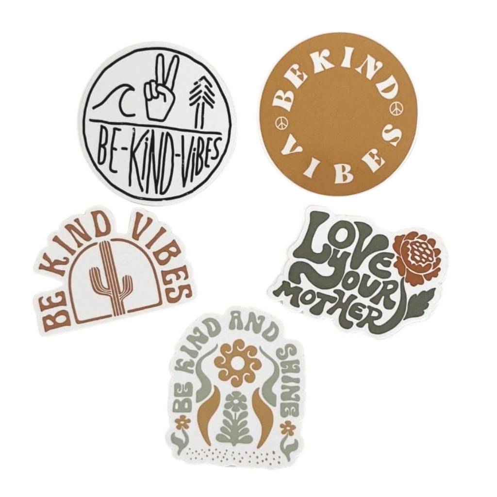 Image features the Be Kind Vibes 5 pack of mixed stickers including the Logo, Retro Vibes, Love Your Mother, Be Kind & Shine, and Desert Waves stickers.