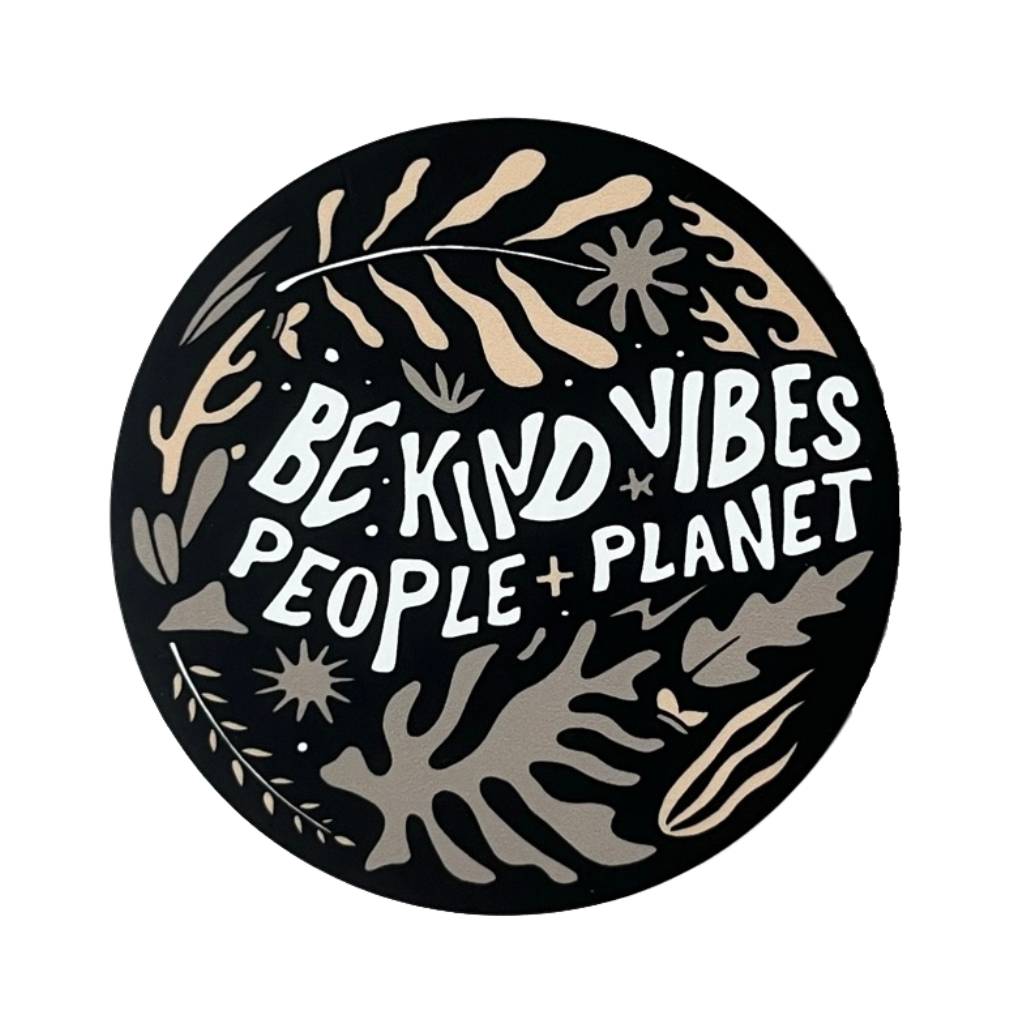 Hero image features the Be Kind Vibes People + Planet sticker with seaweed icons in earthy brown and green colors with the text Be Kind Vibes and People + Planet.