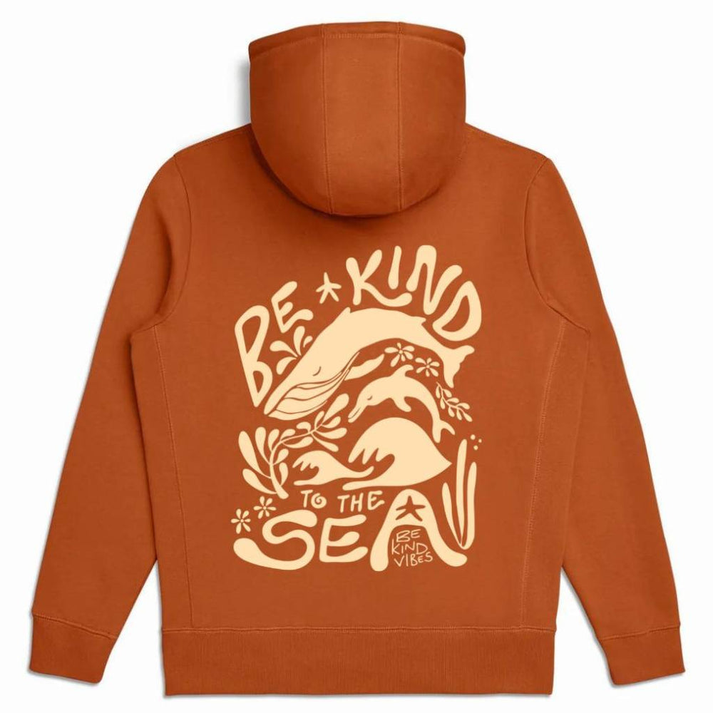 
                  
                    Product image on a white background featuring the back of the Be Kind Vibes 100% organic cotton To The Sea Hoodie in burnt orange.
                  
                