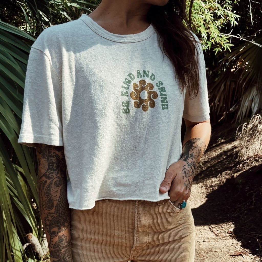 Up close image of the sustainably made Be Kind & Shine crop top from Be Kind Vibes.